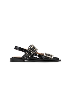 Feminine Buckle Ballerina Patent Croco Black S2796 Ganni 